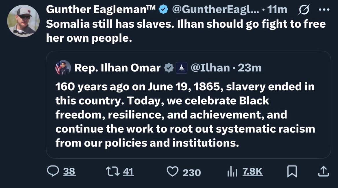 LMAOO… Ilhan Omar DELETED this post about Juneteenth after Gunther called her out. 

Never deleting this app. 😭😭
