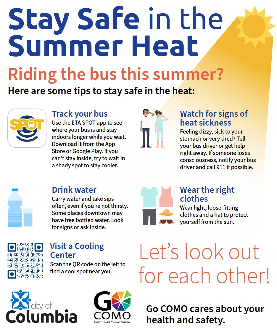 Today marks the first official day of summer, and the forecast is already showing highs in the 90s. To help everyone stay safe, we’re posting this flyer today at bus stops and on buses. 

Take a moment to check out these quick tips and share them with friends or family who ride!