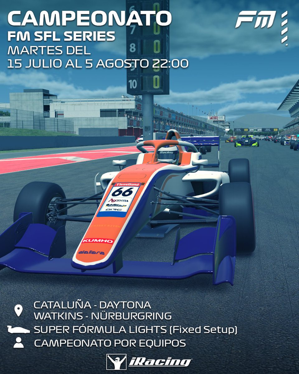 🚨LAS FM SERIES NO VIENEN SÓLO EN F1🚨

❗️También en iRacing y nos devuelven el SFL de la T9. 

🗒️Formato con 2 carreras. Clasificación por Equipos...

📅Del 15/07 al 5/08, no lo olvides, Martes a las 22:00.

📩forms.gle/h5xCPrcfZnyhdf…