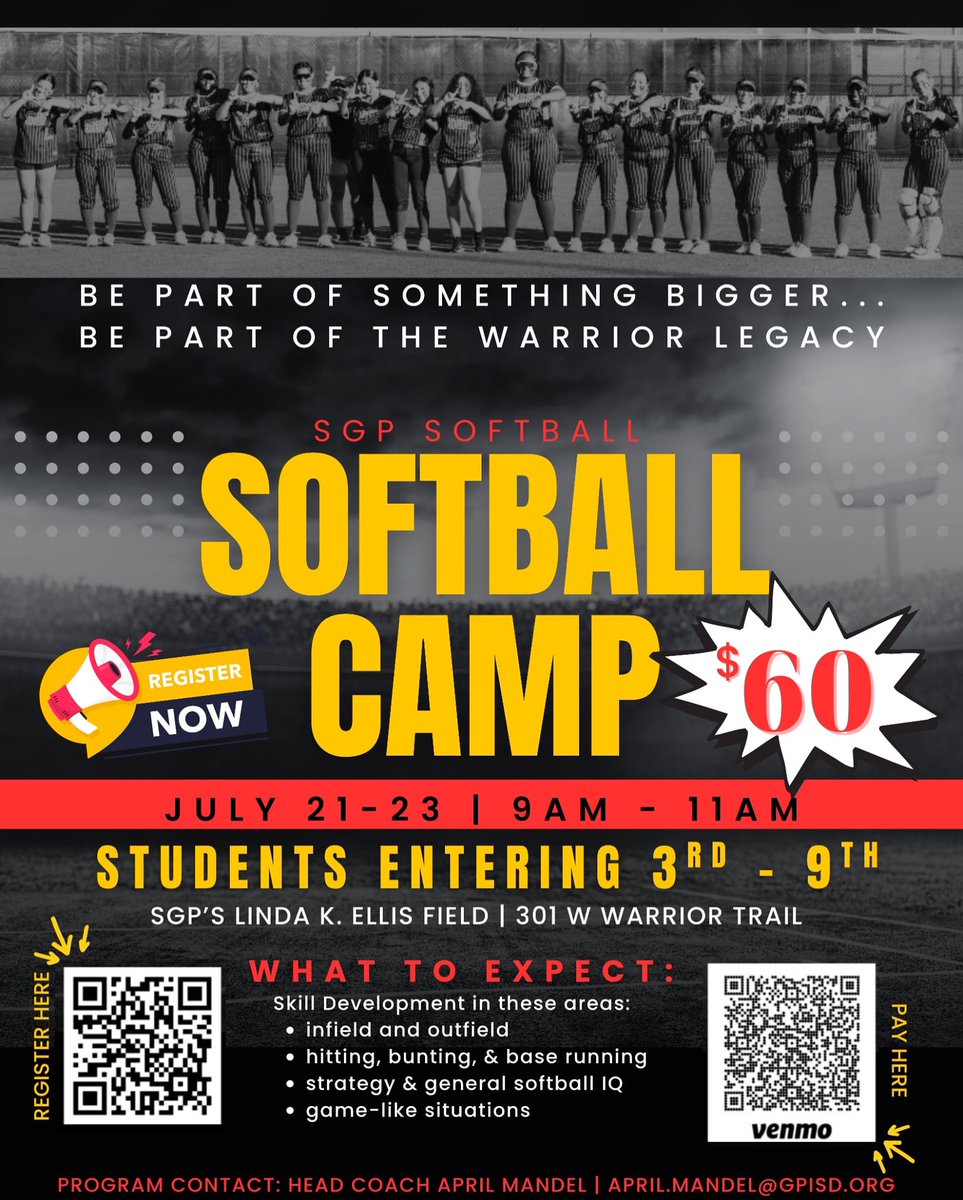 Coach Mandel &amp; SGP Softball is thrilled to announce: Warrior Softball Camp!! 

Let's continue the tradition of excellence when it comes to Warriors Softball for generations to come.

Act now!! Space is limited. Register today!!