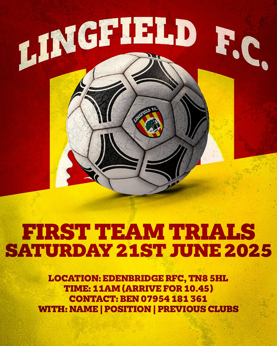 🚨🚨 FIRST TEAM TRIALS 🚨🚨

🗓️21st June (Tomorrow) @ 11AM

🗣️Contact Ben with you Name | Position | Previous clubs if interested in coming to the trial.

⬇️All details in poster.

#Lingers #Trials #Step5 #Football