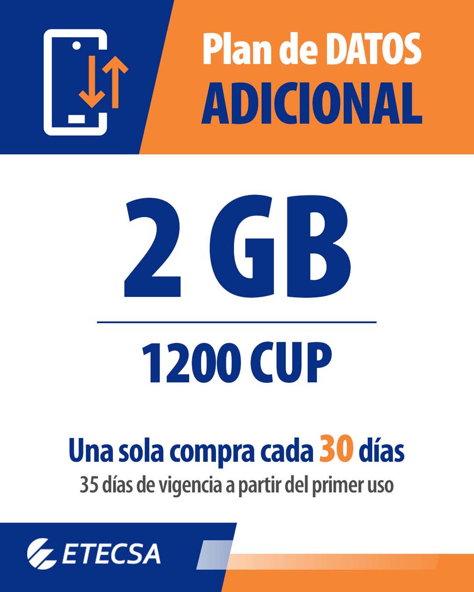 📲 Nuevo Plan de Datos Adicional. 

📌 Disponible a través de Servicios en Línea (tienda.etecsa.cu), Transfermóvil y el Monedero MiTransfer.

#EtecsaConCuba