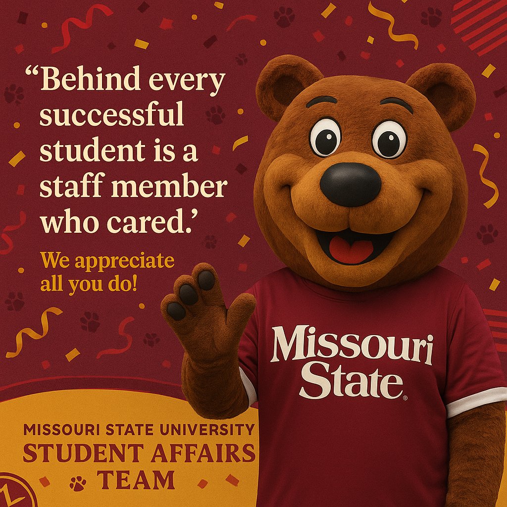 mostatedosa's tweet photo. "A big Boomer-sized THANK YOU to the amazing staff who support, inspire, and uplift our students every day. 💛
You are the heart of Missouri State!"
#StaffAppreciation #MissouriState #ThankYouStaff #StudentAffairs #GratefulBears https://t.co/Y20dVoqCKy