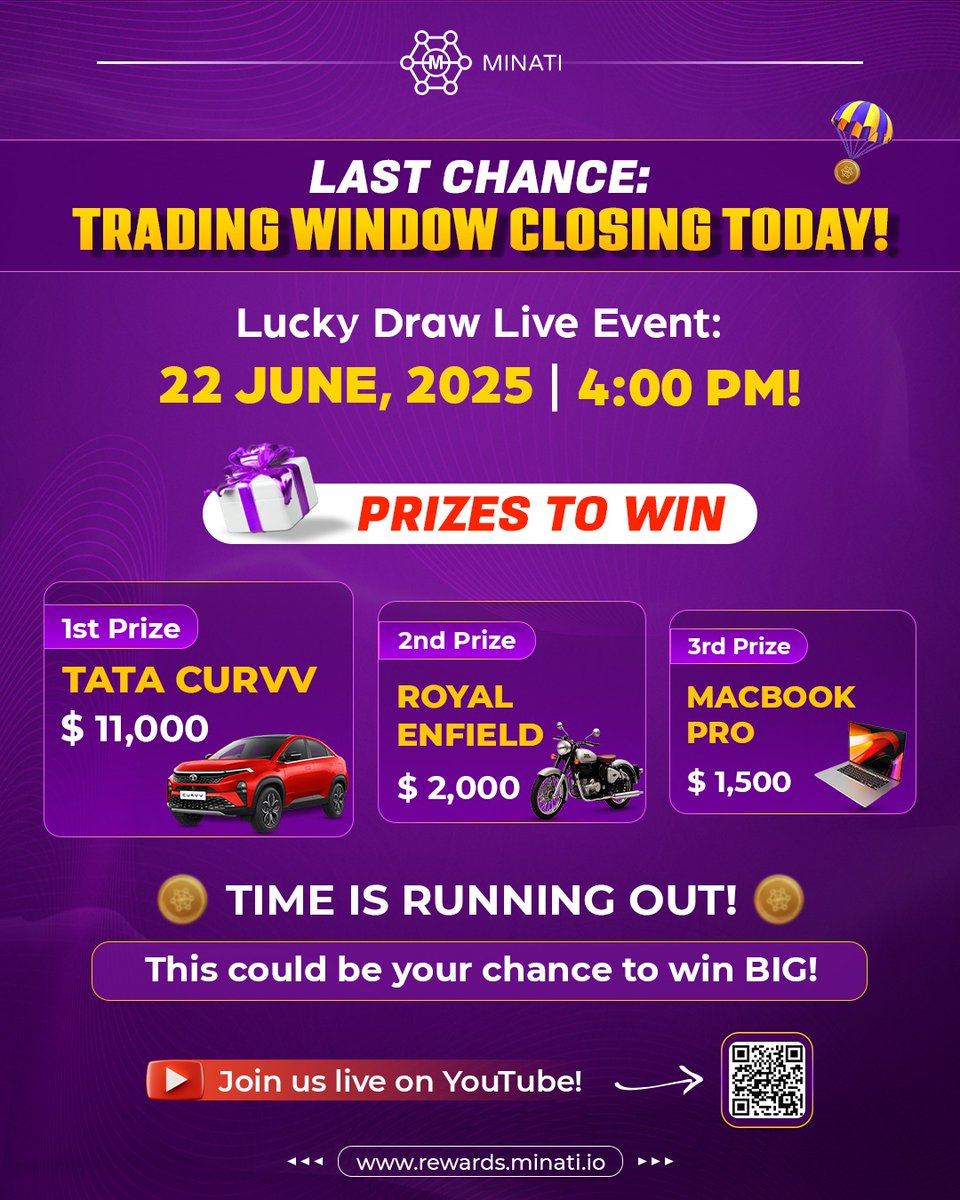 Minati (@minatifi) on Twitter photo Dear Community 
Our trading Window for lucky draw will close on 11:59 PM, 20th June 2025.
So Hurry Up and grab MNTC worth 200$ on POLONIEX to earn big Rewards 
Best Of Luck
#Minati
#Luckydraw
#Trending 
#BestCrypto 
#blockchain Dear Community 
Our trading Window for lucky draw will close on 11:59 PM, 20th June 2025.
So Hurry Up and grab MNTC worth 200$ on POLONIEX to earn big Rewards 
Best Of Luck
#Minati
#Luckydraw
#Trending 
#BestCrypto 
#blockchain