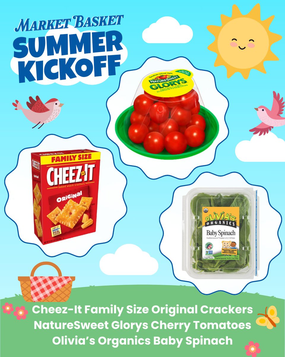Market Basket (@marketbasket) on Twitter photo Itās the Summer Solstice which means it is officially Summer! š Celebrate with these picnic essentials from your local Market Basket:
āļø @CheezIt Family Size Original Crackers
āļø <a href="/NStomatoes/">NatureSweet</a> Glorys Cherry Tomatoes
āļø Oliviaās Organics Baby Spinach Itās the Summer Solstice which means it is officially Summer! š Celebrate with these picnic essentials from your local Market Basket:
āļø @CheezIt Family Size Original Crackers
āļø <a href="/NStomatoes/">NatureSweet</a> Glorys Cherry Tomatoes
āļø Oliviaās Organics Baby Spinach