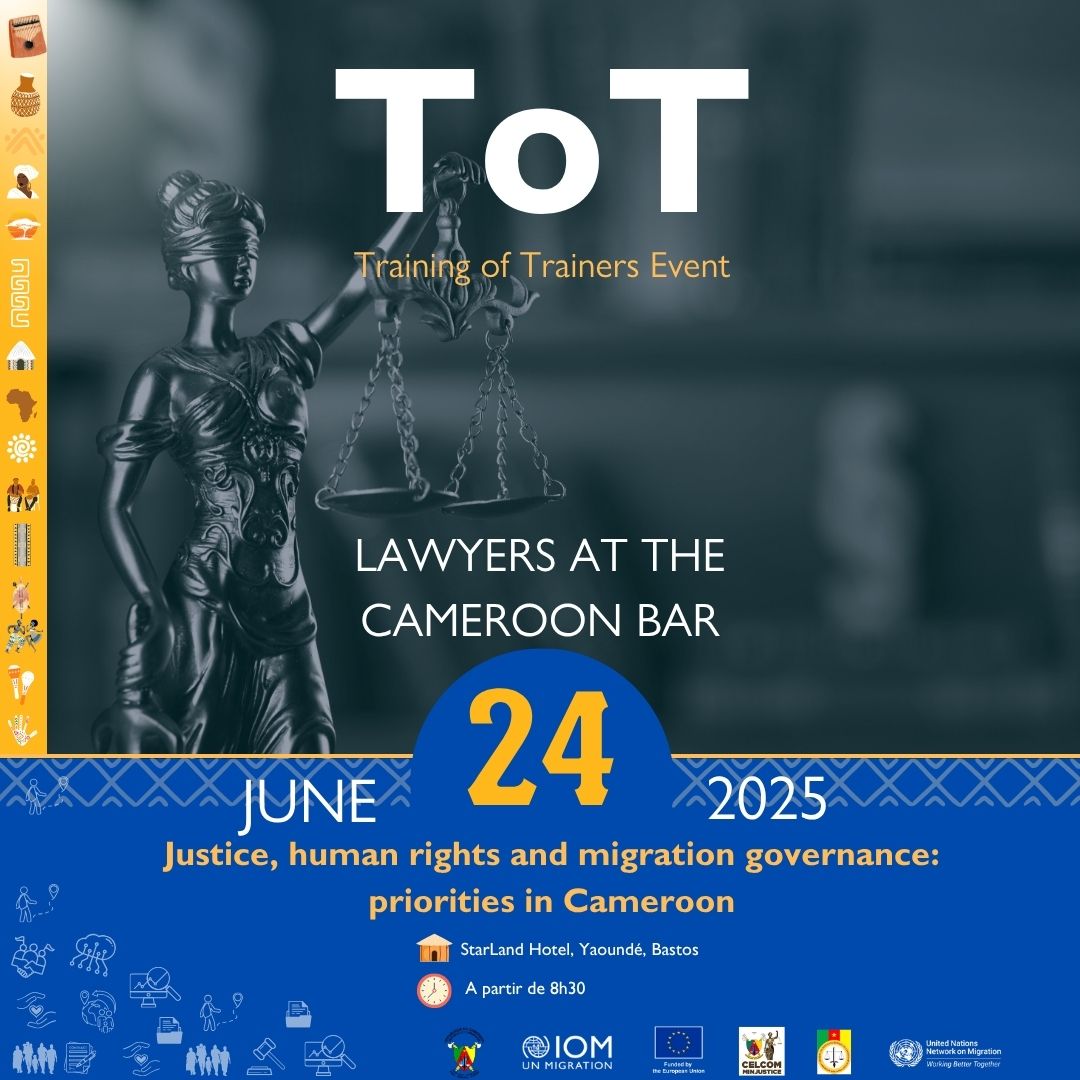 Du 24 au 27 juin 2025 à Yaoundé 🗓️
🎓 Formation nationale « JuriMigration » avec <a href="/UNmigration/">IOM - UN Migration 🇺🇳</a> &amp; le @Barreau_Cameroun Pour renforcer l’accès à la justice des personnes migrantes &amp; déplacées internes au 🇨🇲
 📍Présentiel &amp; Zoom
 📌Agenda bientôt dispo!
#JuriMigration #OIM #Migration