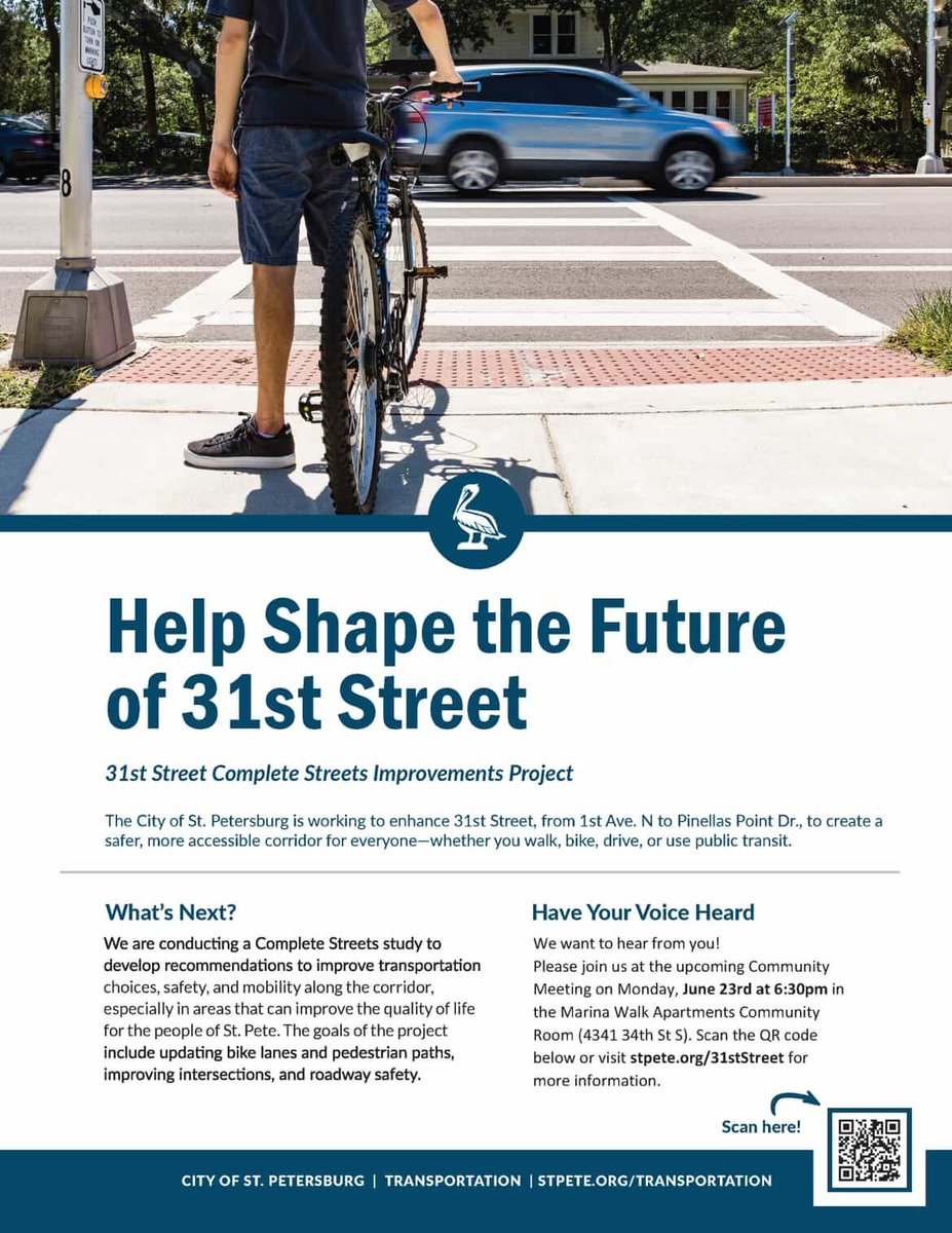 Come out to a community meeting about 31st Street South Complete Streets Improvement project, hosted by the @City of St. Petersburg, Monday, June 23rd from 6:30-7:30pm, or take the survey. Learn more: stpete.org/residents/curr…
