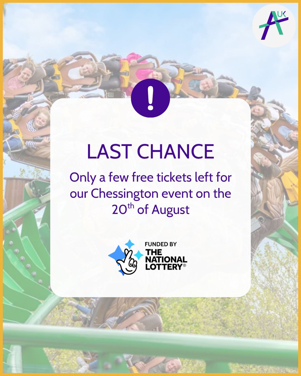 We only have a small handful of tickets left for our free day out at Chessington World of Adventures on Wednesday 20th August 2025 – exclusively for AUK members and made possible by Merlin’s Magic Wand Children’s Charity. Book now before they’re gone.