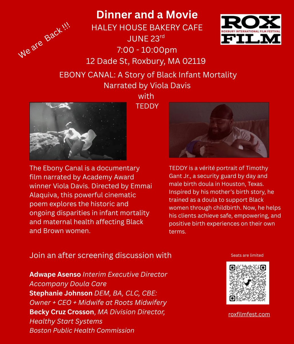 Haley House (@haleyhousebos) on Twitter photo Haley House is proud to host a Dinner and a Movie, a special screening with <a href="/RoxFilm/">Roxbury International Film Festival</a>! On Monday, June 23rd, join us at 12 Dade Street to view and discuss The Ebony Canal. Scan the QR code or visit roxfilmfest.com for more info!
#HaleyHouse #FoodWithPurpose #RoxFilm Haley House is proud to host a Dinner and a Movie, a special screening with <a href="/RoxFilm/">Roxbury International Film Festival</a>! On Monday, June 23rd, join us at 12 Dade Street to view and discuss The Ebony Canal. Scan the QR code or visit roxfilmfest.com for more info!
#HaleyHouse #FoodWithPurpose #RoxFilm