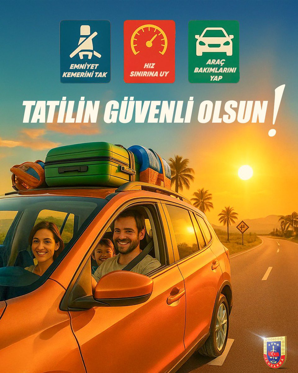 Değerli yol kullanıcıları!

Okullar kapanıyor, yaz tatili başlıyor.🏖️

Yapacağınız yolculuklarda;
✔️Emniyet kemerlerinizi takmayı,
✔️Hız limitlerine uymayı ve
✔️Yolculuk öncesi araçlarınızın bakımlarını yaptırmayı lütfen ihmal etmeyin.🚔
#Jandarma
#TrafikJandarması