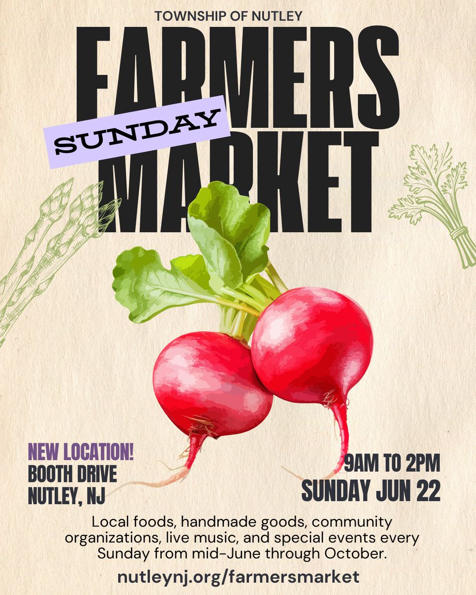 ☀️ Hot Day, Cool Finds! It's the Sunday, June 22 Nutley Farmers Market!
📍 New Location: Booth Drive, Nutley
💚 See you at #NutleyFarmersMarket!