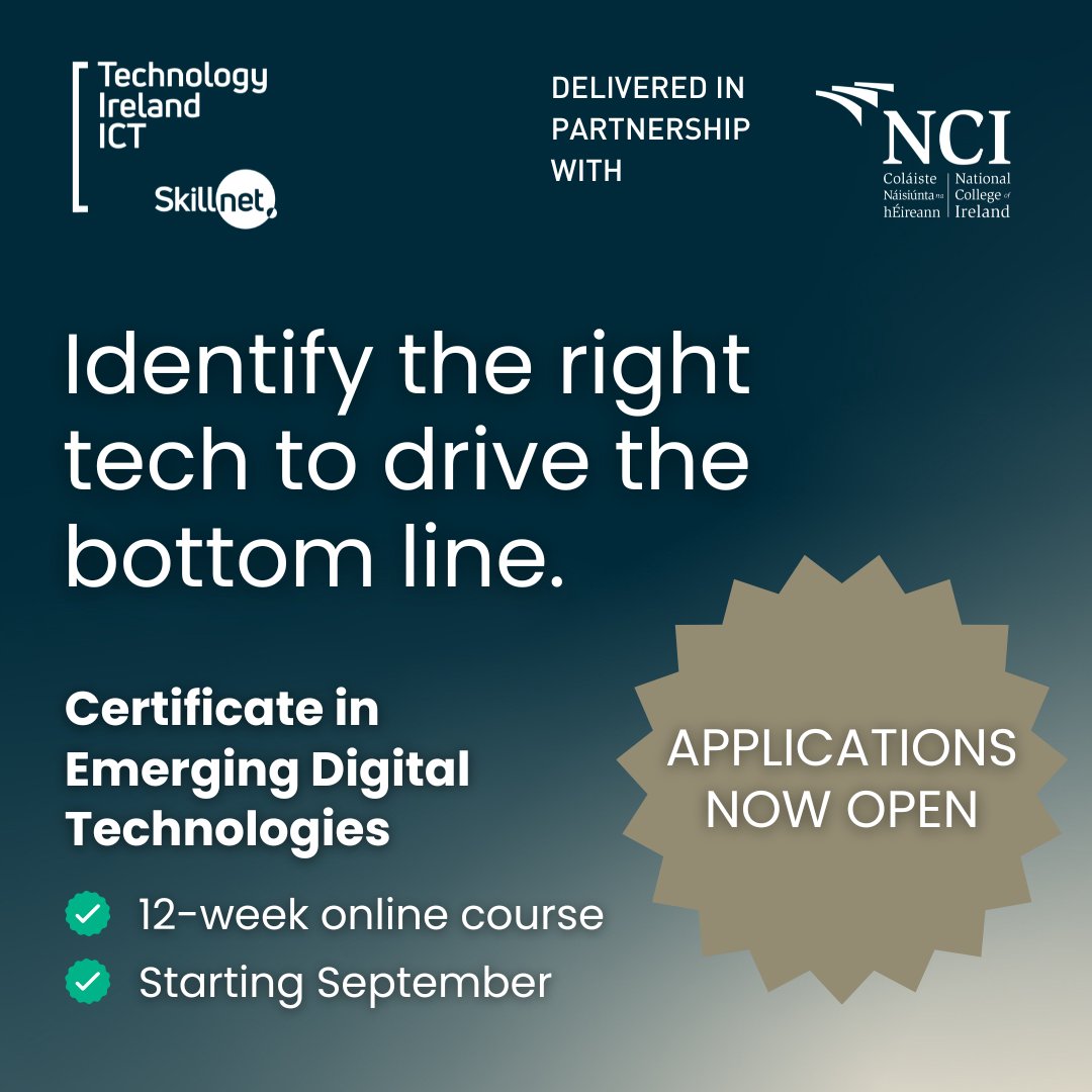 Lead the Digital Shift 👩‍💻

The #DigitalWorld is changing fast. Stay ahead with our Certificate in Emerging Digital Technologies, a 12-week online course designed to help you understand and apply today’s most influential technologies.

 ictskillnet.ie/courses/certif…

#EUinmyregion