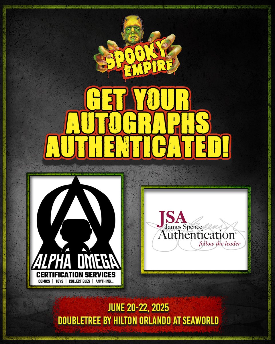 Don't forget to get your autographs authenticated! JSA - James Spence Authentication &amp; Alpha Omega Certification Service are located in the Autograph Room for your convenience!