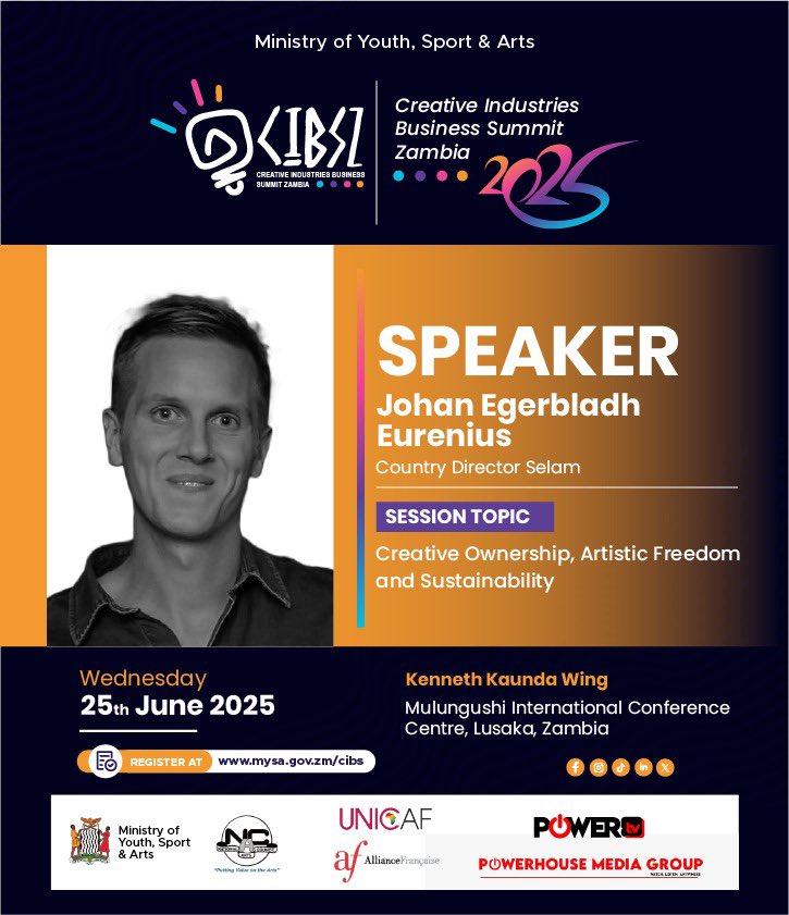 _amkanye's tweet photo. Meet Johan Egerbladh Eurenius, Country Director at Selam!
He’s speaking at #CIBS2025 on Creative Ownership, Artistic Freedom &amp; Sustainability.

🗓️ 25th June | 📍 Lusaka, Zambia
🔗 Register: https://t.co/uETYhLLvl4

#CreativeEconomy #ZambiaEvents #JohanEurenius #CreativeLeadership https://t.co/SJRANLGlSr