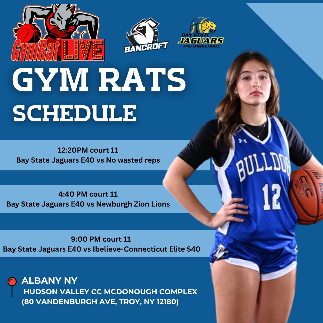 AveryS5973's tweet photo. Can’t wait to play at the Gym Rat Challenge, in Albany, New York this weekend. Here is my schedule. Go Jags!! 

@BayStateJags @CoachTyMosley https://t.co/vOuoMzdmPA