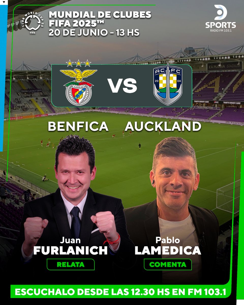 DSports Radio 103.1 FM (@dsportsradio) on Twitter photo 🏆 Benfica y Auckland City se enfrentan desde las 12.30 hs. por la segunda fecha del Grupo c del Mundial de Clubes FIFA 2025™
🎙️ Lo podés escuchar en DSPORTS Radio FM 103.1 #ElSonidoDelDeporte, con los relatos de <a href="/Jfurlanich/">Juan Furlanich 🇦🇷🇻🇪</a> y los comentarios de <a href="/pablolamedica/">Pablo Lamédica</a> 🏆 Benfica y Auckland City se enfrentan desde las 12.30 hs. por la segunda fecha del Grupo c del Mundial de Clubes FIFA 2025™
🎙️ Lo podés escuchar en DSPORTS Radio FM 103.1 #ElSonidoDelDeporte, con los relatos de <a href="/Jfurlanich/">Juan Furlanich 🇦🇷🇻🇪</a> y los comentarios de <a href="/pablolamedica/">Pablo Lamédica</a>