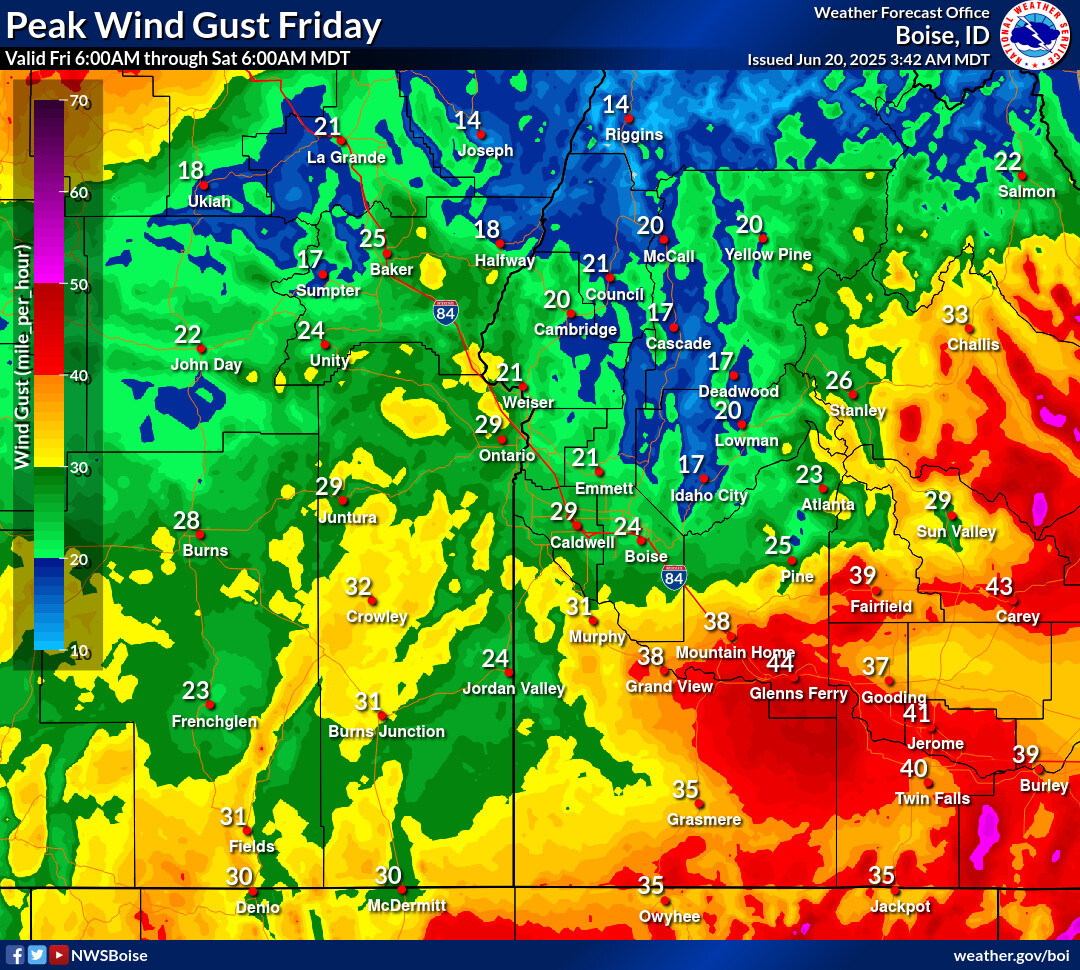 NWSBoise's tweet image. 💨Gusty winds will accompany a cold front today. The strongest winds will be from Mountain Home to Jerome/Twin Falls south to the Nevada border this afternoon.