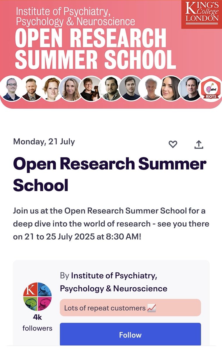 Open Research Summer School.

Mon, 21 Jul - Fri, 25 Jul 2025. 

Institute of Psychiatry, Psychology &amp; Neuroscience. 16 De Crespigny Park London SE5 8AF.

Free to attend.

eventbrite.co.uk/e/open-researc…