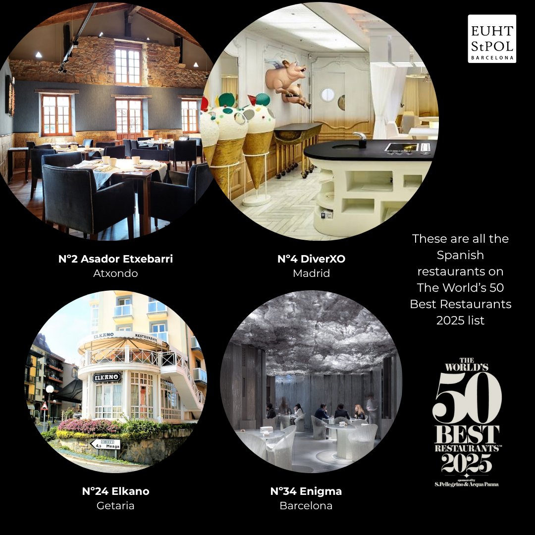 EUHTStPOL's tweet image. Ayer conocimos el ranking @TheWorlds50Best  Restaurants 2025 durante la ceremonia en Turín, Italia.  España cuenta con 3 restaurantes en el top 50 y 5 más que se sitúan entre las posiciones 51-100. 

¡Enhorabuena a todos los restaurantes! 👏

#TheWorlds50BestRestaurants