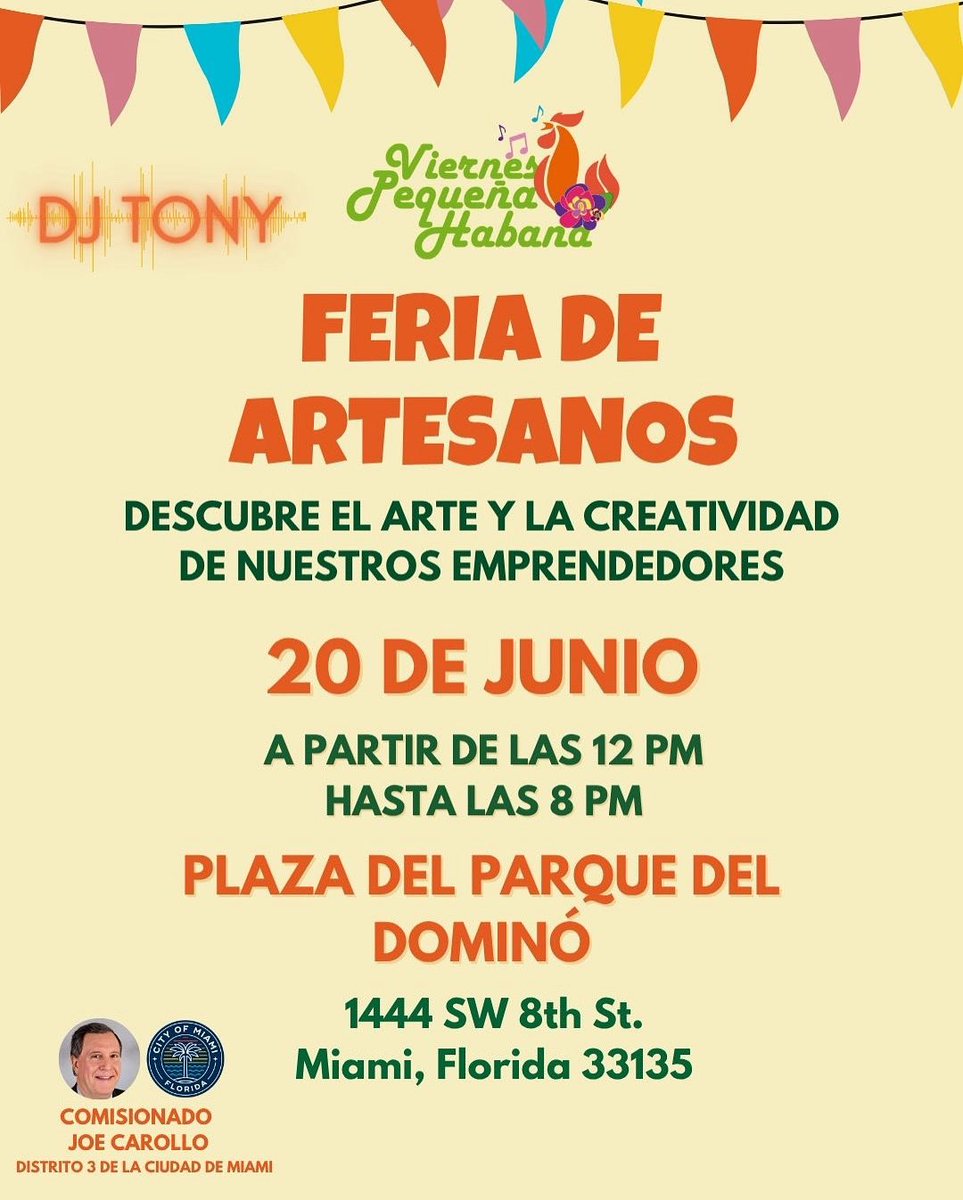 ¡Es Hoy!. Te esperamos este Viernes Pequeña Habana para que descubras el Arte y la Creatividad de nuestros emprendedores Artesanos que, como cada viernes nos acompañan en la Plaza del Dominó de la Pequeña Habana, para deleitarnos con todo su talento. Un evento totalmente gratis.