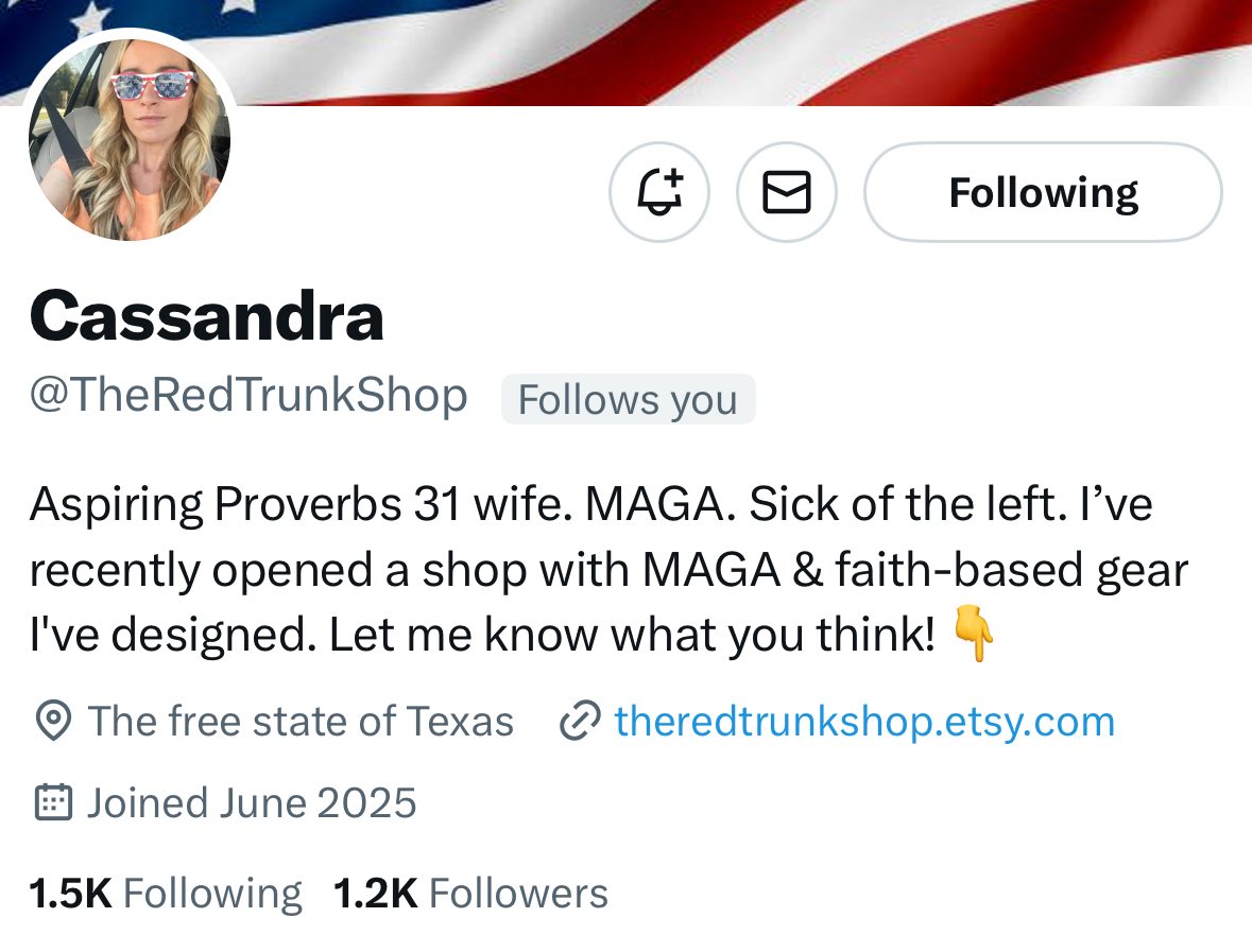 We have a new account looking to grow.  
Let’s make this MAGA patriot boom. 

She will connect back. 👍😊👍😊

<a href="/TheRedTrunkShop/">Cassandra</a>