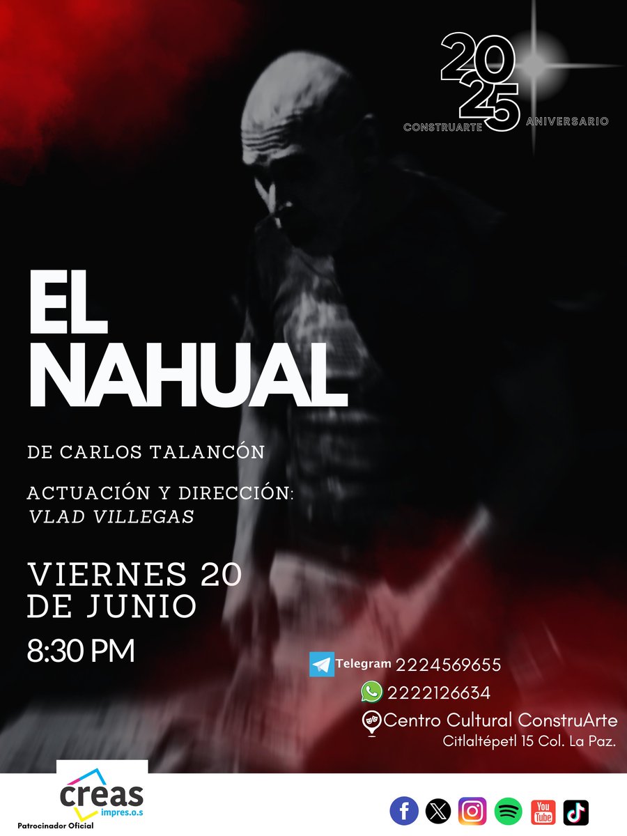 🎭 ¡Fin de semana de teatro imperdible en ConstruArte!

👹 EL NAHUAL
Misticismo y transformación en escena.
🗓️ Vie 20 junio | 🕣 8:30 PM
💔 CORAZÓN DELATOR – Experiencia sensitiva
Teatro a ciegas que estremece.
🗓️ Sáb 21 junio | 🕗 8:00 PM
📲 2222126634
#TeatroPoblano