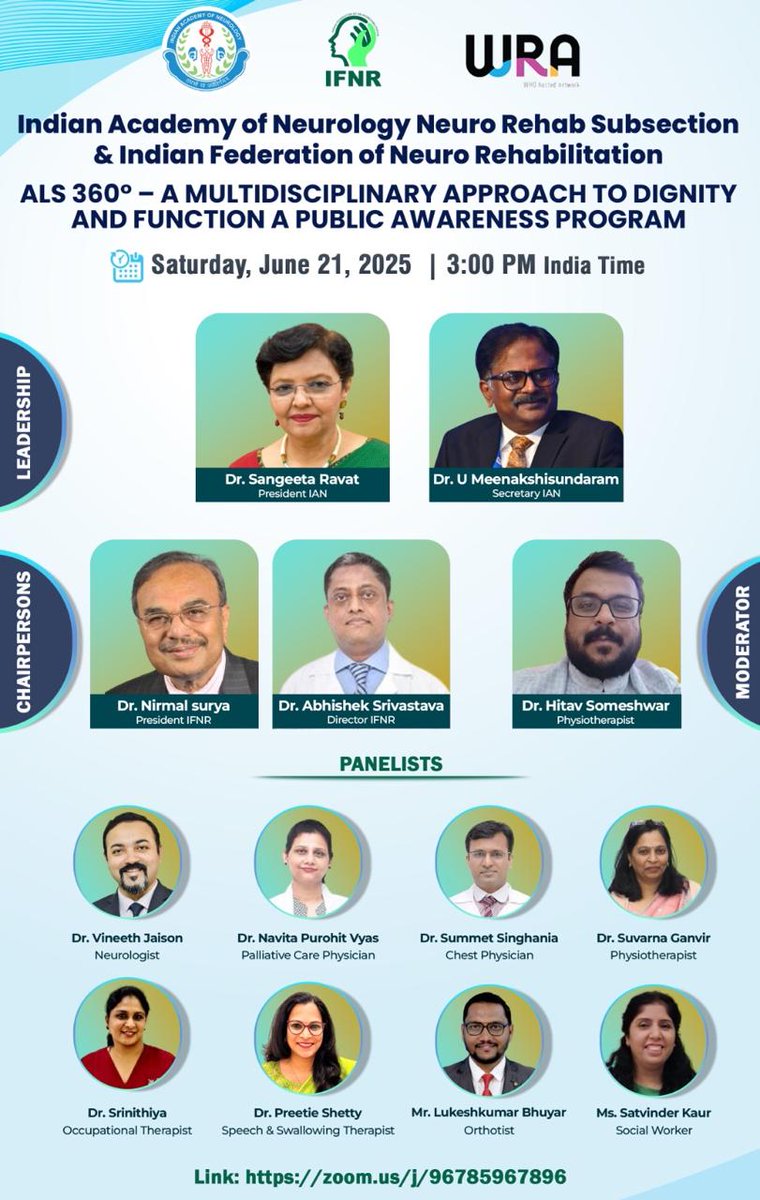Raising awareness, inspiring action 💡
 Big thanks to IFNR and WRA for the support
🧠 ALS 360° – A Multidisciplinary Approach 
📅 Saturday, June 21, 2025 
🕒 Time: 3:00 PM IST
🔗 Join on Zoom: zoom.us/j/96785967896
Let’s stand together for those living with ALS 💙
#ALSAwareness