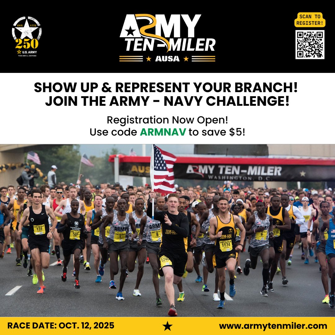NEW! Join us to celebrate 250 years of the legendary ARMY-NAVY rivalry at the 41st Annual Army Ten-Miler in the nation’s capital, this October! REGISTER &amp; SIGN UP FOR THE ARMY-NAVY CHALLENGE!! 

Visit armytenmiler.com, for more details!

#armytenmiler #army250