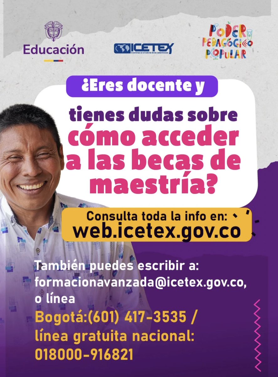 🎓 ¡Profe, esta oportunidad es para ti!

El Ministerio de Educación amplió el plazo hasta el 20 de junio para que puedas postularte a la convocatoria nacional de becas condonables para maestrías.

📲 Conoce todos los requisitos e inscríbete en:
web.icetex.gov.co/web/portal/-/c…