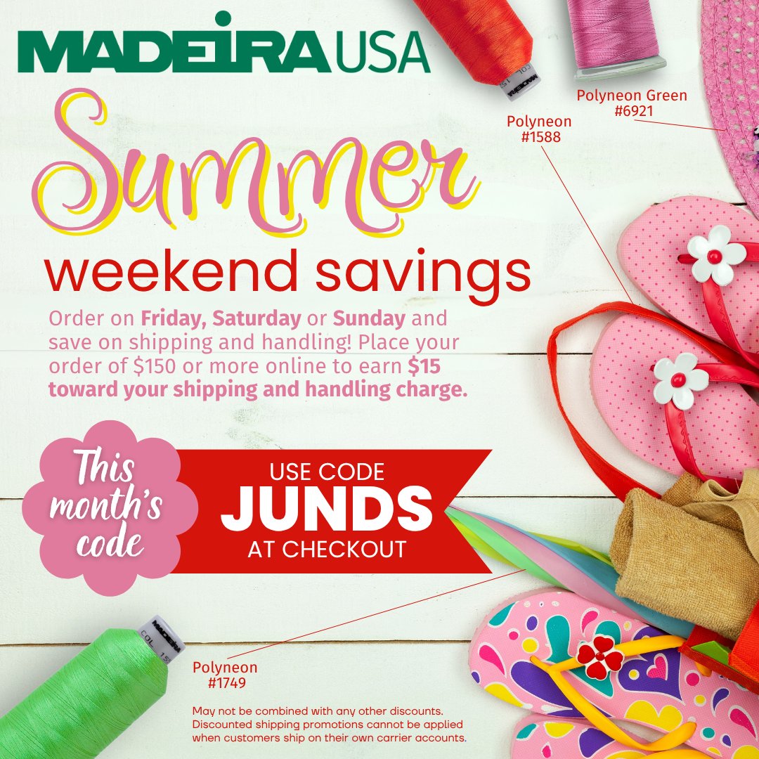 Make sure you've got everything need for warm-weather embroidery jobs!  Enjoy $15 off your shipping and handling every weekend in June when you use the code.  Details here: bit.ly/2JmGCKf