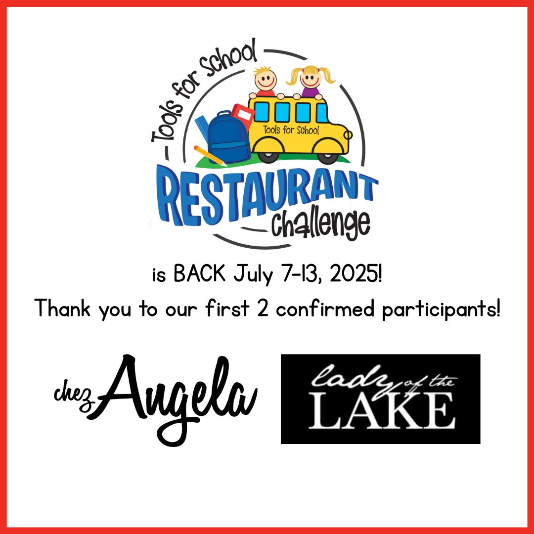The Restaurant Challenge is back July 7–13! 😋
We’re thrilled to announce that Chez Angela &amp; Lady of the Lake are the first to join this delicious week of community support.
Want to join the Challenge?  Register by June 27th! brandonuw.ca/toolsforschool
#bdnmb