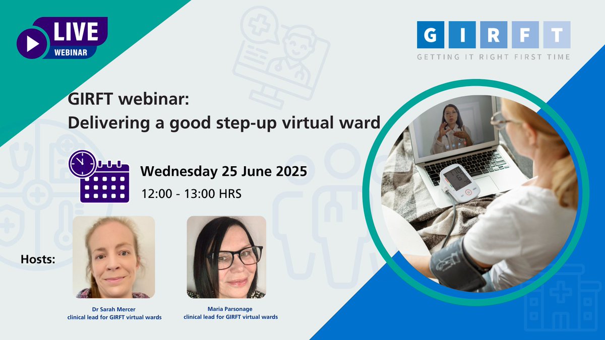 Getting It Right First Time (GIRFT) (@nhsgirft) on Twitter photo Do you know about GIRFT’s virtual ward reviews and our guidance?
Join our webinar to learn how you can maximise use of virtual wards for the benefits of patients.
25/06 @ 12.00
Register now: bit.ly/4mOFwsR
<a href="/TheACPRC/">ACPRC</a> <a href="/ARNS_UK/">ARNS</a> <a href="/BTSrespiratory/">British Thoracic Society (BTS)</a> <a href="/GeriSoc/">British Geriatrics Society</a> <a href="/RCPhysicians/">Royal College of Physicians</a> Do you know about GIRFT’s virtual ward reviews and our guidance?
Join our webinar to learn how you can maximise use of virtual wards for the benefits of patients.
25/06 @ 12.00
Register now: bit.ly/4mOFwsR
<a href="/TheACPRC/">ACPRC</a> <a href="/ARNS_UK/">ARNS</a> <a href="/BTSrespiratory/">British Thoracic Society (BTS)</a> <a href="/GeriSoc/">British Geriatrics Society</a> <a href="/RCPhysicians/">Royal College of Physicians</a>