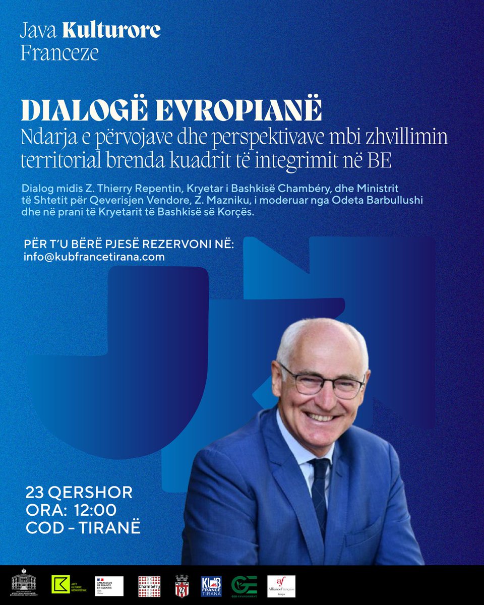 Dialogues européens - Partage d'expériences et prospectives sur le développement des territoires dans le cadre de l'intégration a l'UE 🇪🇺.

🗓️23 juin
🕛 12h00
📍COD, Tirana

#semaineculturellefrançaise #franceenalbanie #equipefrance