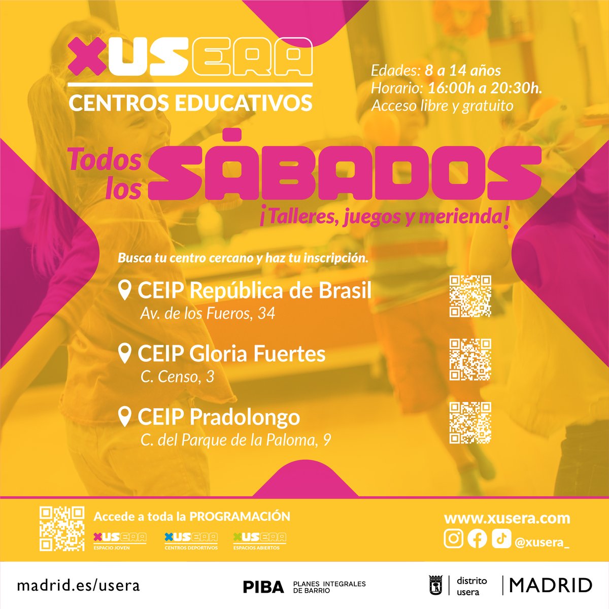 📌Propuestas de #ociosaludable de #XUSera para este finde de junio
Los sábados...

📍Actividades en parques y plazas
📍En varios centros escolares y culturales 
 Para jóvenes de entre 14 a 30 años
Y además....👇
Talleres especiales para la próxima semana
👉informate.madrid.es/v6qbg