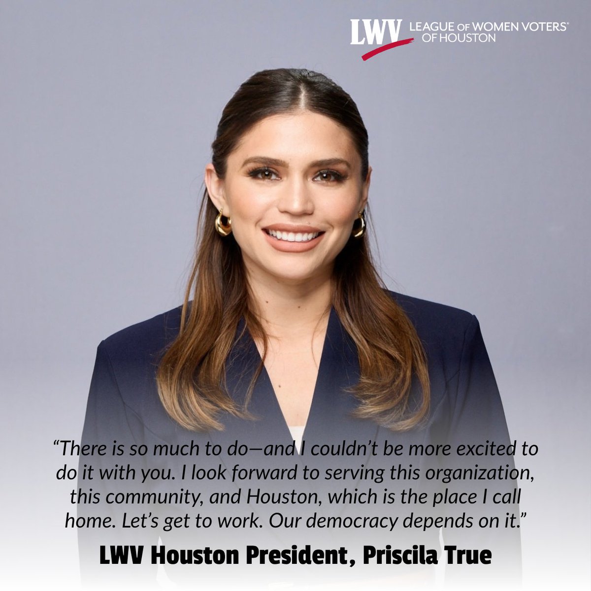 Meet our new Board President, Priscila True! A proud Houstonian, immigrant, and civic leader, she reminds us: “Your voice matters. It always has.”

📜Read her full welcome letter: lwvhouston.org/president

#LWVHouston #WomenLead