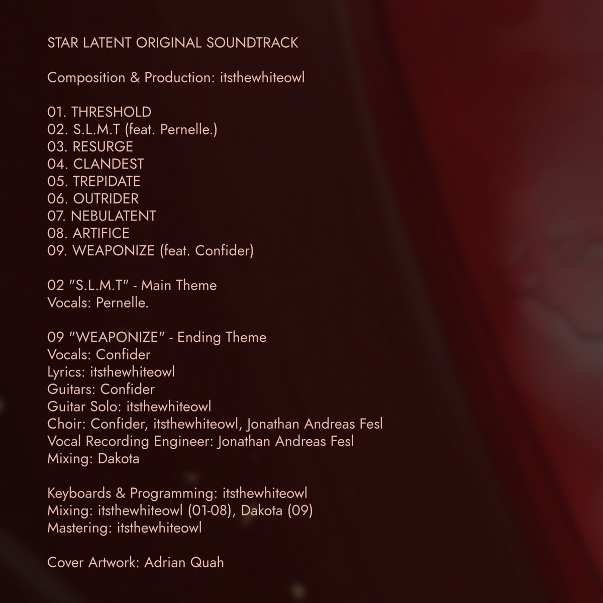 itsthewhiteowl_'s tweet image. The &quot;STAR LATENT ORIGINAL SOUNDTRACK&quot; album will be released on July 11th, 2025. Massive thanks to everyone involved.

&quot;S.L.M.T&quot; - Main Theme
feat. @PernelleMusic 

&quot;WEAPONIZE&quot; - Ending Theme
feat. Confider

Cover Artwork: @adrian_quah 

Album Preview: youtu.be/xq_Yy5SbiHc