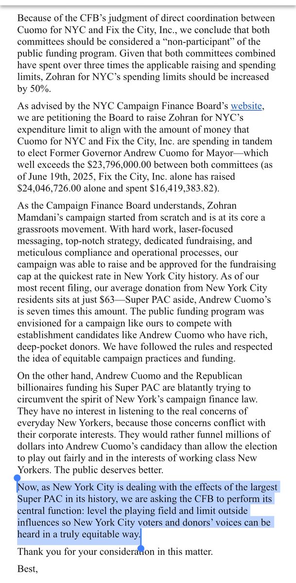 .<a href="/ZohranKMamdani/">Zohran Kwame Mamdani</a> asks <a href="/NYCCFB/">NYC Campaign Finance Board</a> to trigger spending limit relief and lift his spending cap so he can better compete with pro-Cuomo super PAC ($24M raised, $16M spent)