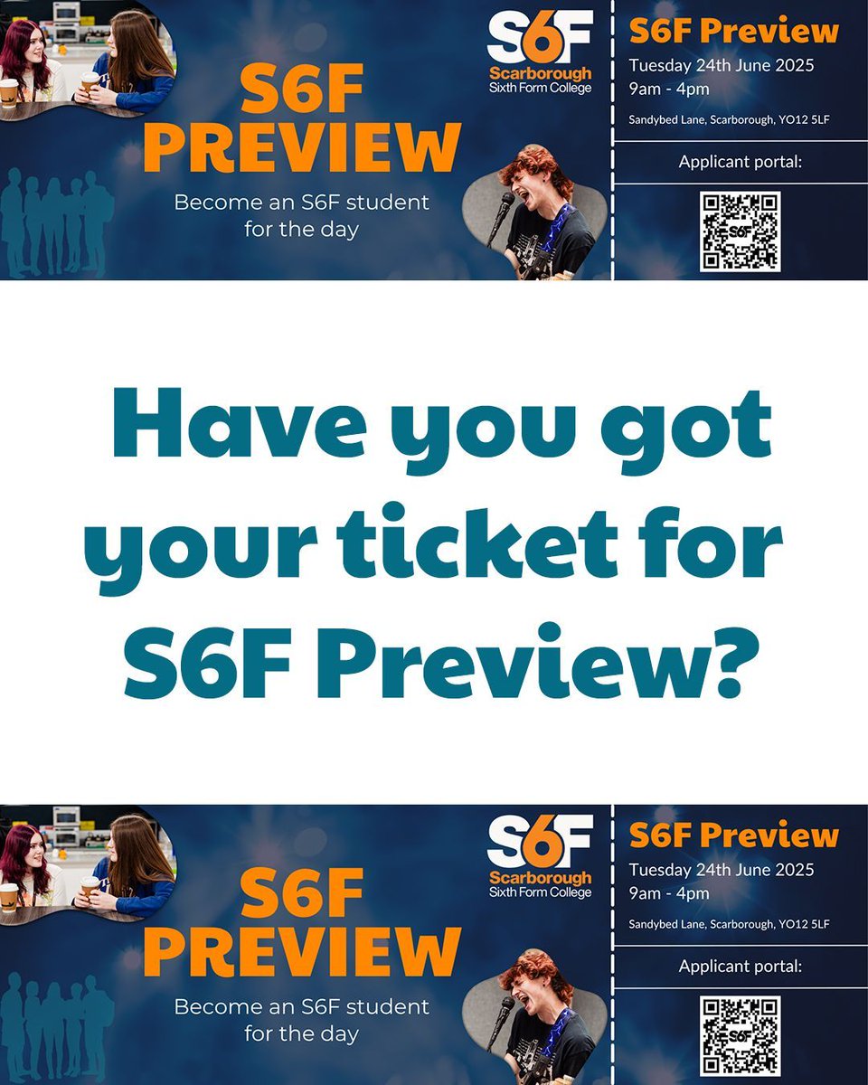 Scarborough 6th Form (@s6f) on Twitter photo Everyone who is attending our taster day, S6F Preview, on Tuesday 24th June should have received a ticket and information through the post. All timetables are up on the applicant portal - portal.s6f.org.uk If you have any questions in advance, email admissions@s6f.org.uk Everyone who is attending our taster day, S6F Preview, on Tuesday 24th June should have received a ticket and information through the post. All timetables are up on the applicant portal - portal.s6f.org.uk If you have any questions in advance, email admissions@s6f.org.uk