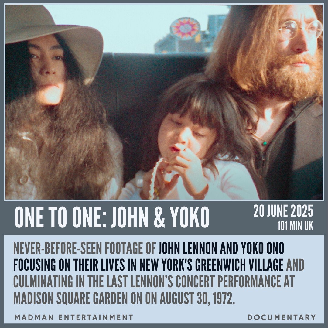 Never-before-seen footage of John Lennon and Yoko Ono focusing on their lives in New York's Greenwich Village and culminating in the last Lennon’s concert performance at Madison Square Garden on On August 30, 1972.
filmq.com.au/movie/one-one-…

#filmQ #OneToOneJohnYoko <a href="/MadmanFilms/">Madman Films</a>