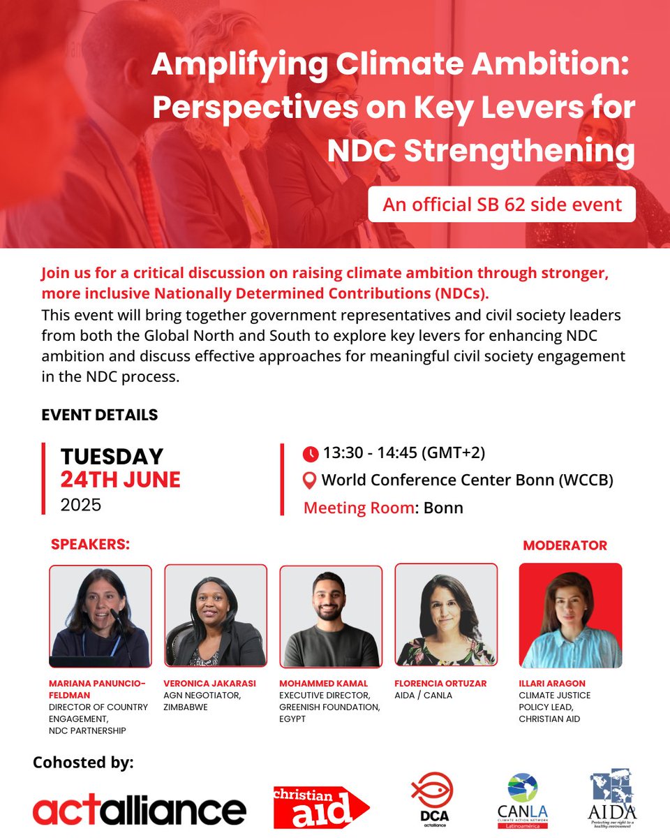 Just a few days to go until our SB62 side event on "Amplifying Climate Ambition: Perspectives on Key Levers for NDC Strengthening." 

📅 Tuesday, 24 June 2025
🕜 13:30 - 14:45
📍 Meeting Room: Bonn

#NDCs #SB62