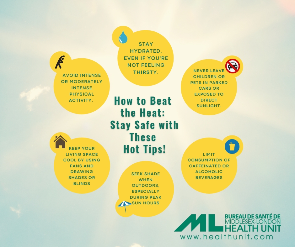 Next week,  the Middlesex-London Health Unit anticipates that Environment and Climate Change Canada will issue an Extended Heat Warning beginning Sunday, June 22nd to Wednesday, June 25th. Our region is forecasted to experience four consecutive days of high temperatures.