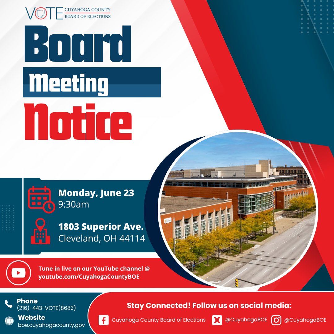 The Board of Elections will meet on June 23rd at 9:30 a.m. Tune in at youtube.com/user/CuyahogaC… 

This will be at 1803 Superior Ave., Cleveland, OH 44114