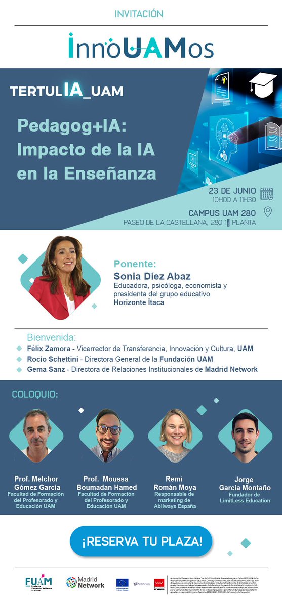 Educación Digital e Innovación (@edinnovauam) on Twitter photo 🚨 ¡Quedan pocos días!
🎙 <a href="/melchor/">Melchor Gómez</a> y <a href="/moussaboumadan/">Moussa Boumadan</a> participarán en #InnoUAMos en una mesa redonda sobre el impacto de la IA en la enseñanza (Pedagogía + IA).
👉 Reserva tu plaza ya (23-06)
goo.su/vk6DPkx
💡 ¡Te esperamos para repensar el futuro del aprendizaje! 🚨 ¡Quedan pocos días!
🎙 <a href="/melchor/">Melchor Gómez</a> y <a href="/moussaboumadan/">Moussa Boumadan</a> participarán en #InnoUAMos en una mesa redonda sobre el impacto de la IA en la enseñanza (Pedagogía + IA).
👉 Reserva tu plaza ya (23-06)
goo.su/vk6DPkx
💡 ¡Te esperamos para repensar el futuro del aprendizaje!