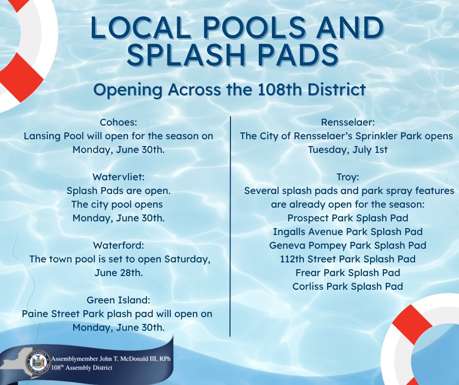 ☀️With summer temperatures on the rise, families across the 108th Assembly District will be glad to know that local pools and splash pads are getting ready to open or are already welcoming visitors!

Here’s a quick guide to help you plan your summer fun in our communities: