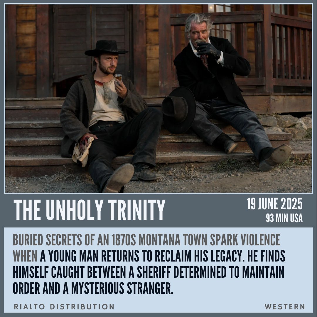 Buried secrets of an 1870s Montana town spark violence when a young man returns to reclaim his legacy. He finds himself caught between a sheriff determined to maintain order and a mysterious stranger.
filmq.com.au/movie/unholy-t…

#filmQ #TheUnholyTrinity #RialtoDistribution