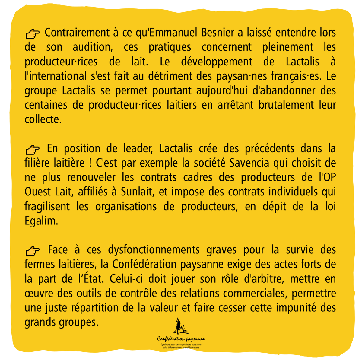 🚨 Audition de Lactalis au Sénat : la Confédération paysanne demande à l’État de mettre fin à             l’impunité des industriels de l’agro-alimentaire Notre communiqué de presse 👇
✍  confederationpaysanne.fr/actu.php?id=15…  👇