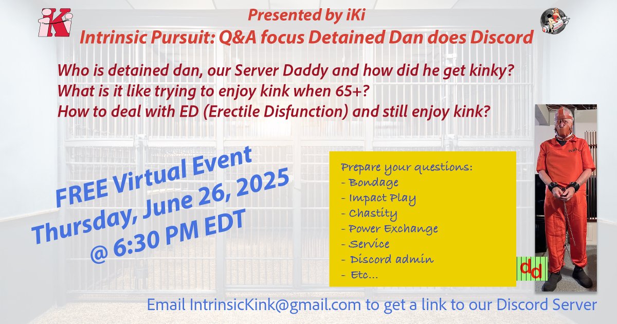 Intrinsic Kink Inc. (@intrinsickink) on Twitter photo What's it like to try to do kink as an older male sub? Join <a href="/baillon_bound/">๐ญ detained_dan</a> on our Discord Server Thursday, June 26, 2025 @ 6:30 PM EDT for a social Q&A on this subject and others. Also check out our Resident Pros <a href="/IsabellaDollish/">Isabella Dollish Europe Tour July โ25</a>, <a href="/ChatonNyx/">Ava Nyx ๐ค๐ผ</a> and <a href="/NicholeThorneIN/">Nichole Thorne ๐ฅ</a> What's it like to try to do kink as an older male sub? Join <a href="/baillon_bound/">๐ญ detained_dan</a> on our Discord Server Thursday, June 26, 2025 @ 6:30 PM EDT for a social Q&A on this subject and others. Also check out our Resident Pros <a href="/IsabellaDollish/">Isabella Dollish Europe Tour July โ25</a>, <a href="/ChatonNyx/">Ava Nyx ๐ค๐ผ</a> and <a href="/NicholeThorneIN/">Nichole Thorne ๐ฅ</a>
