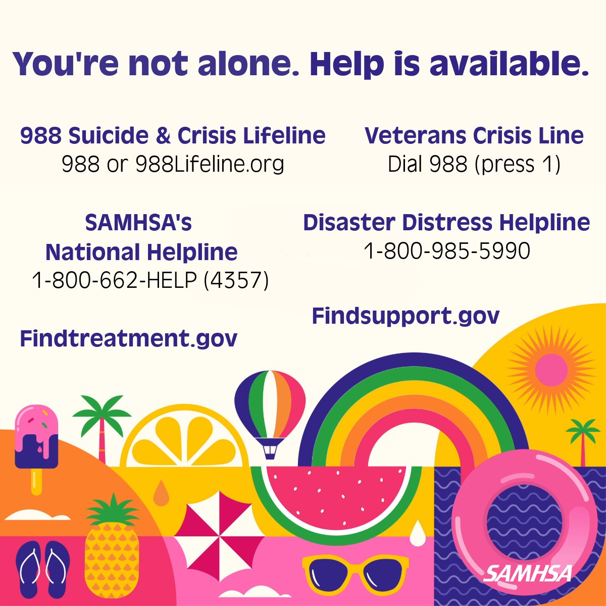 It's officially #summer 😎🌴🍦🚤🍧
The days are longer &amp; the sun is shining—but sometimes some of us don't feel as bright. If you're struggling with mental health or substance misuse challenges, help is available.

💛 Help yourself &amp; share to help others: samhsa.gov/find-help