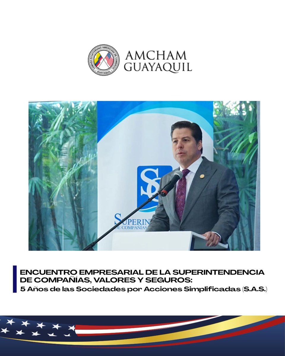 amchamgye's tweet image. 📊🇪🇨 AmCham Guayaquil participó en el Encuentro Empresarial organizado por la @SuperintEC Superintendencia de Compañías, Valores y Seguros, con motivo de los 5 años de las Sociedades por Acciones Simplificadas (S.A.S.), celebrado en la @uees_ec
@ChairAmchamGYE