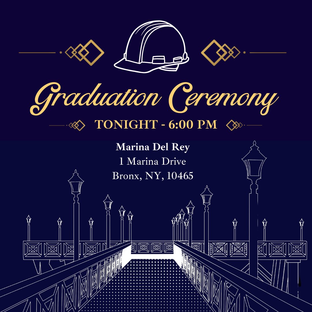 The 2025 Apprentice Graduation Ceremony is happening TONIGHT at Marina Del Rey (1 Marina Drive, Bronx, NY 10465)!

Graduating apprentices and their guests are kindly asked to arrive by 6:00 PM.

We look forward to honoring your hard work and achievements!